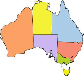 A coloured map of Australia, showing the states and territories
